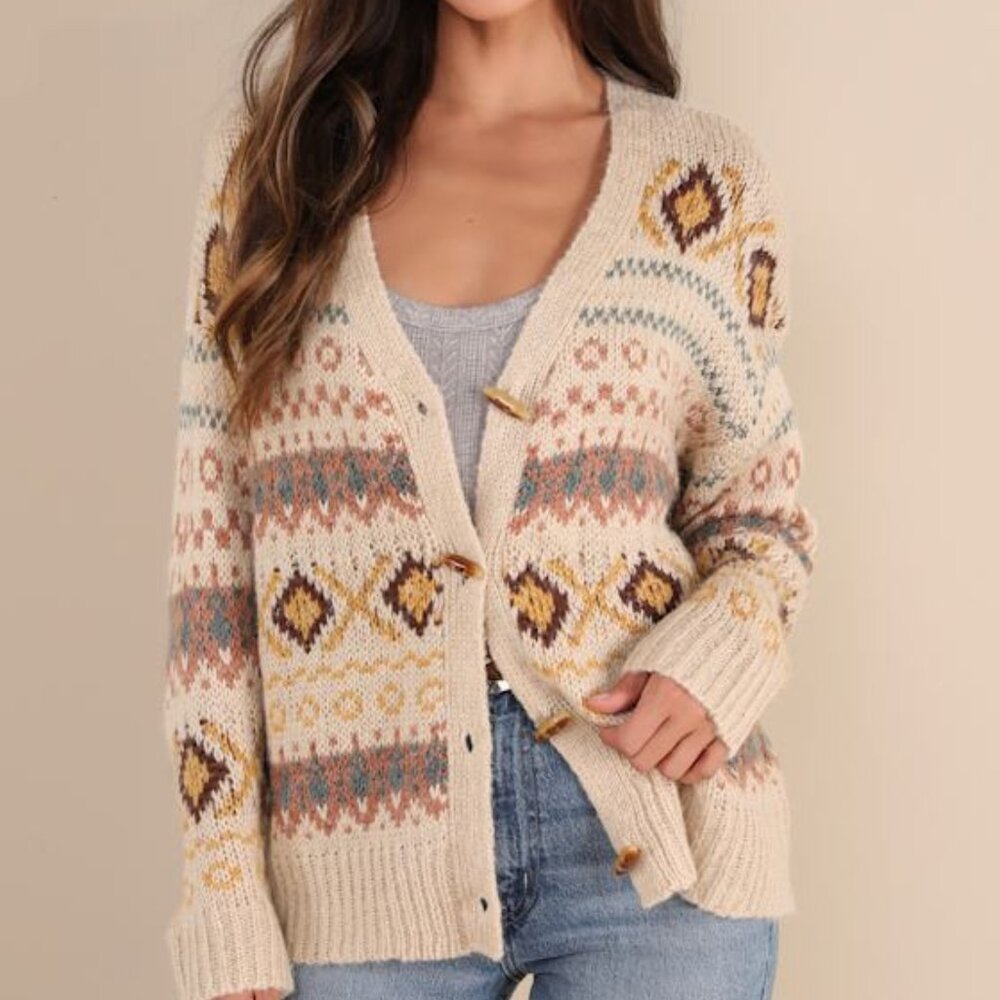 Lulus Timelessly Cozy Beige Multi Oversized Cardigan Sweater - Size S